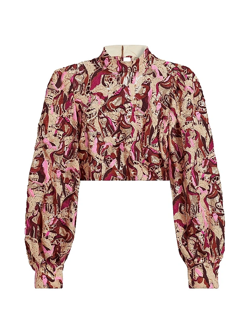Embroidered Horses Guipure-Lace Blouse