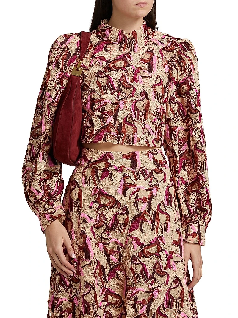 Embroidered Horses Guipure-Lace Blouse