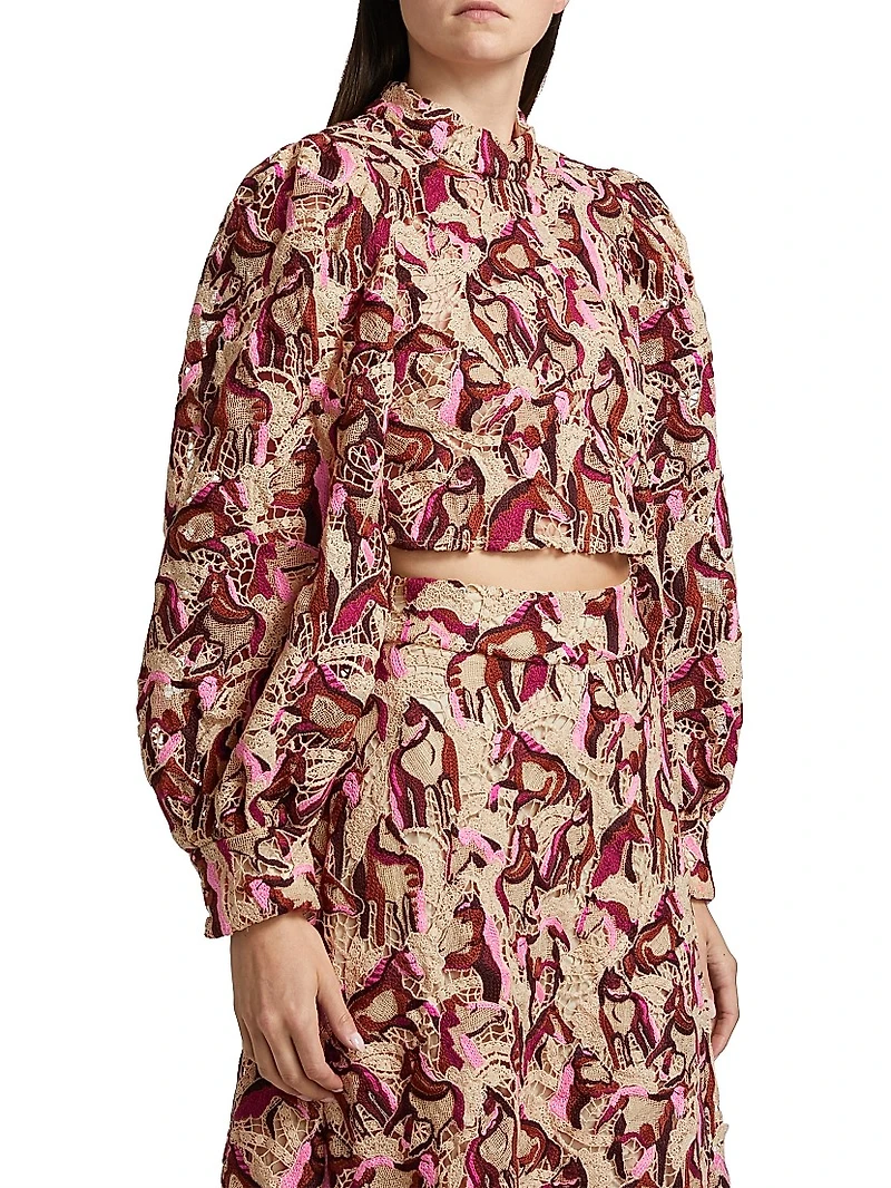 Embroidered Horses Guipure-Lace Blouse