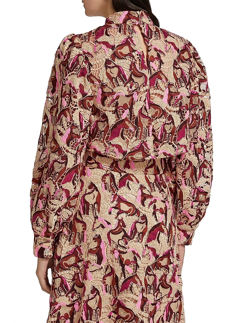 Embroidered Horses Guipure-Lace Blouse