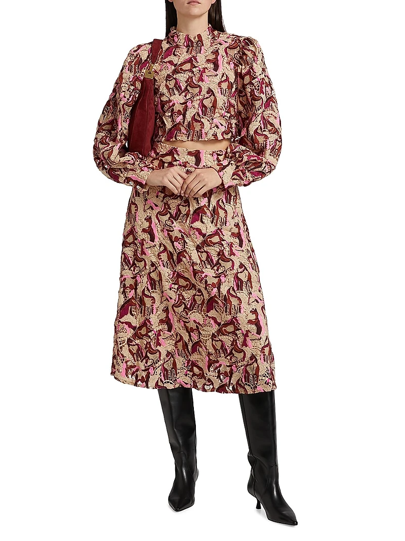 Embroidered Horses Guipure-Lace Blouse