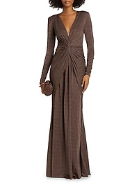 Hajar Metallic Jersey Twist-Front Gown