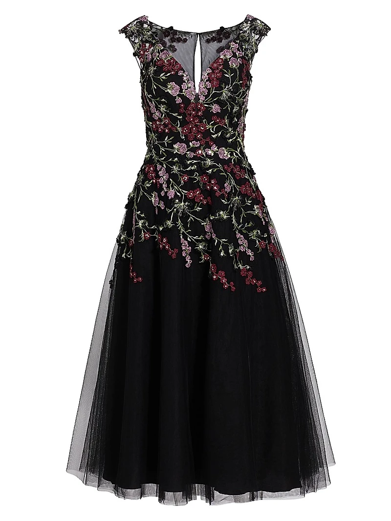 Embroidered Tulle Fit &Flare Midi-Dress