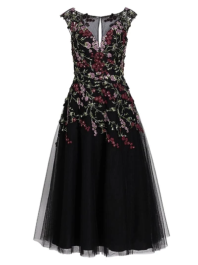 Embroidered Tulle Fit &Flare Midi-Dress