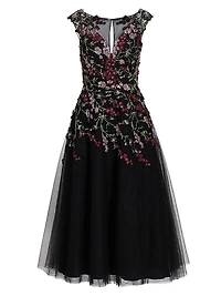 Embroidered Tulle Fit &Flare Midi-Dress