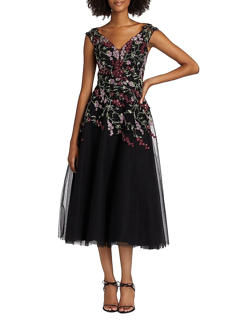 Embroidered Tulle Fit &Flare Midi-Dress