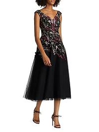 Embroidered Tulle Fit &Flare Midi-Dress