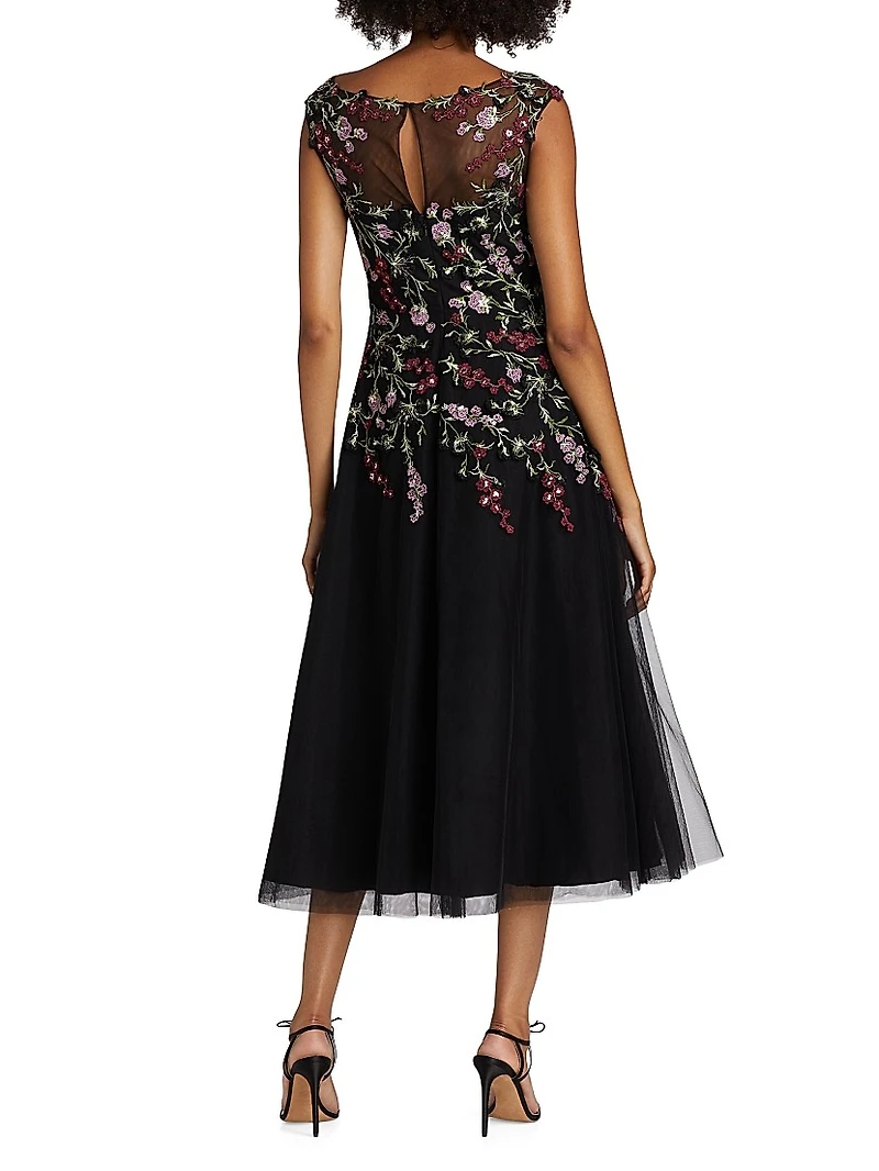 Embroidered Tulle Fit &Flare Midi-Dress