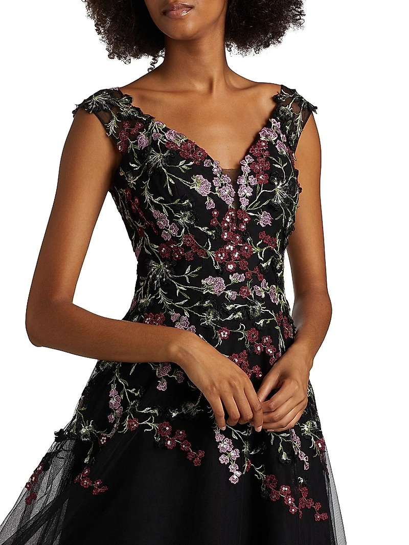 Embroidered Tulle Fit &Flare Midi-Dress