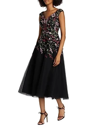 Embroidered Tulle Fit &Flare Midi-Dress