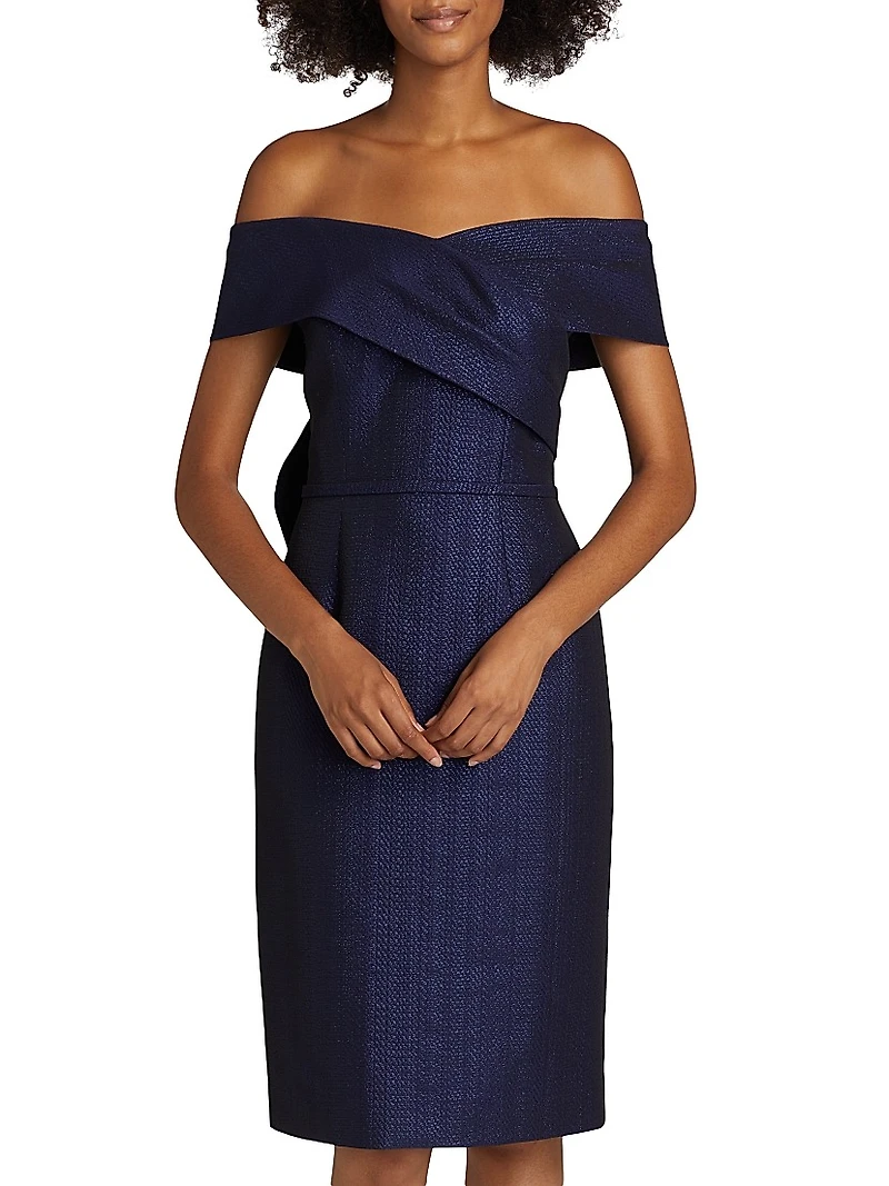 Bow Metallic Jacquard Off-the-Shoulder Dress