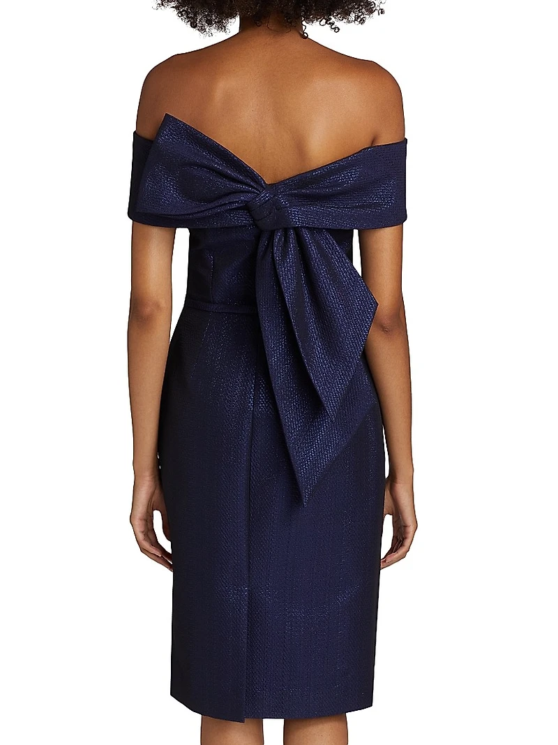 Bow Metallic Jacquard Off-the-Shoulder Dress