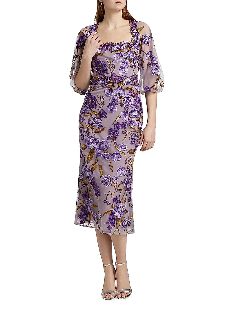 Orchid & Rose Embroidered Tulle Cocktail Dress