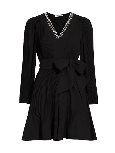 Liv Embellished Pleated V-Neck Minidress