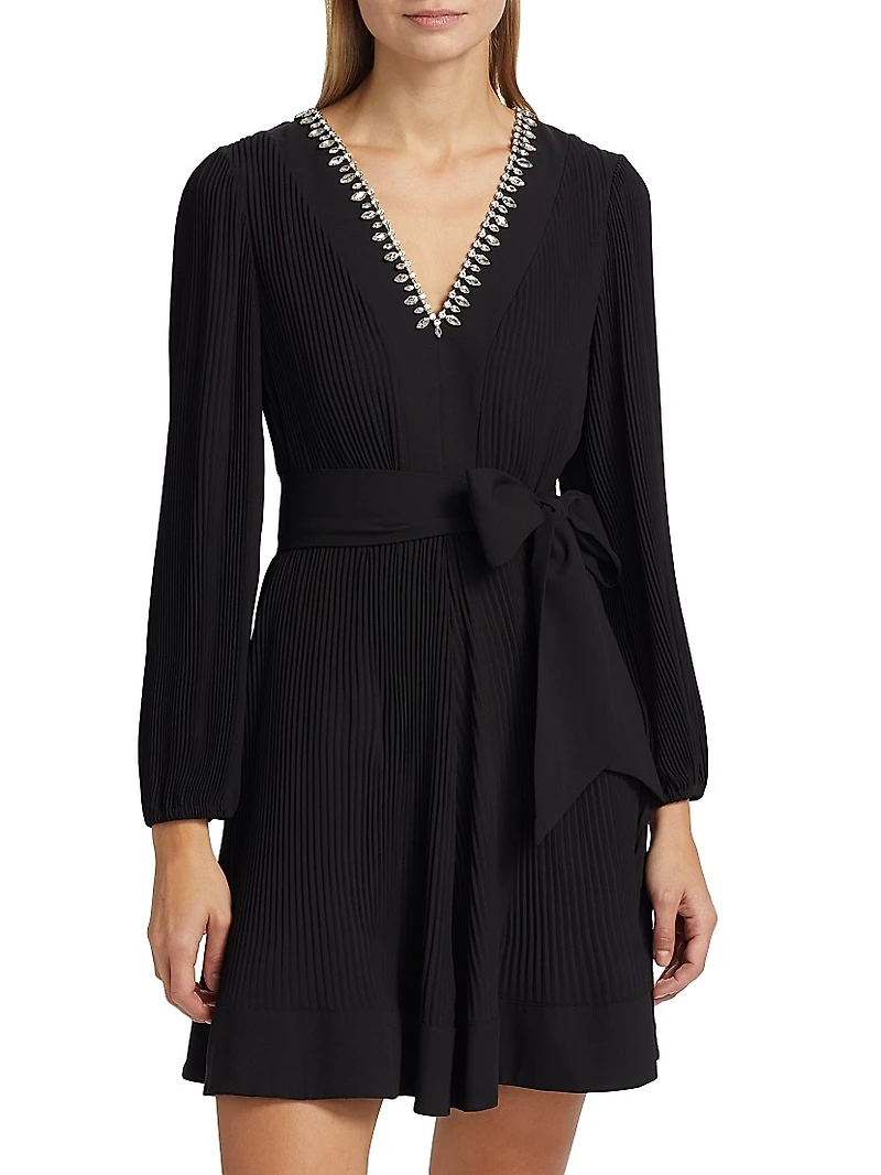 Liv Embellished Pleated V-Neck Minidress