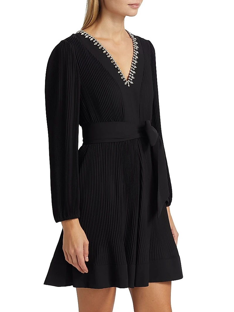 Liv Embellished Pleated V-Neck Minidress