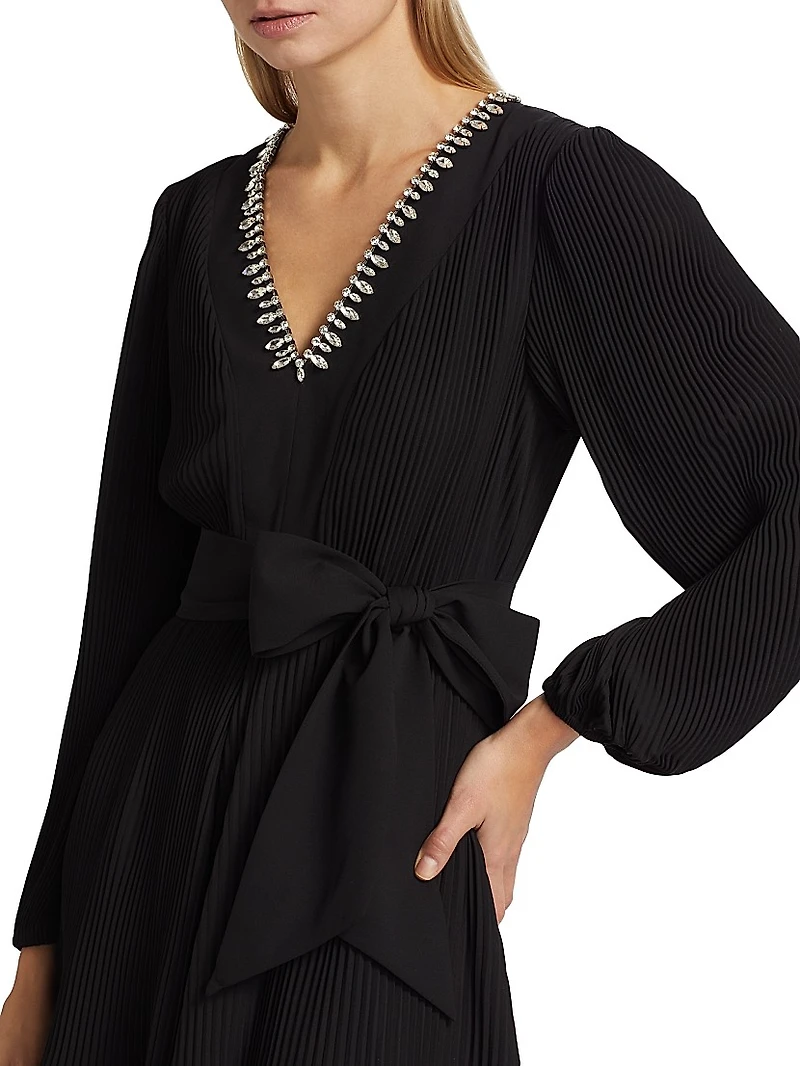 Liv Embellished Pleated V-Neck Minidress