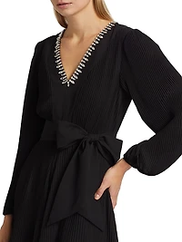 Liv Embellished Pleated V-Neck Minidress