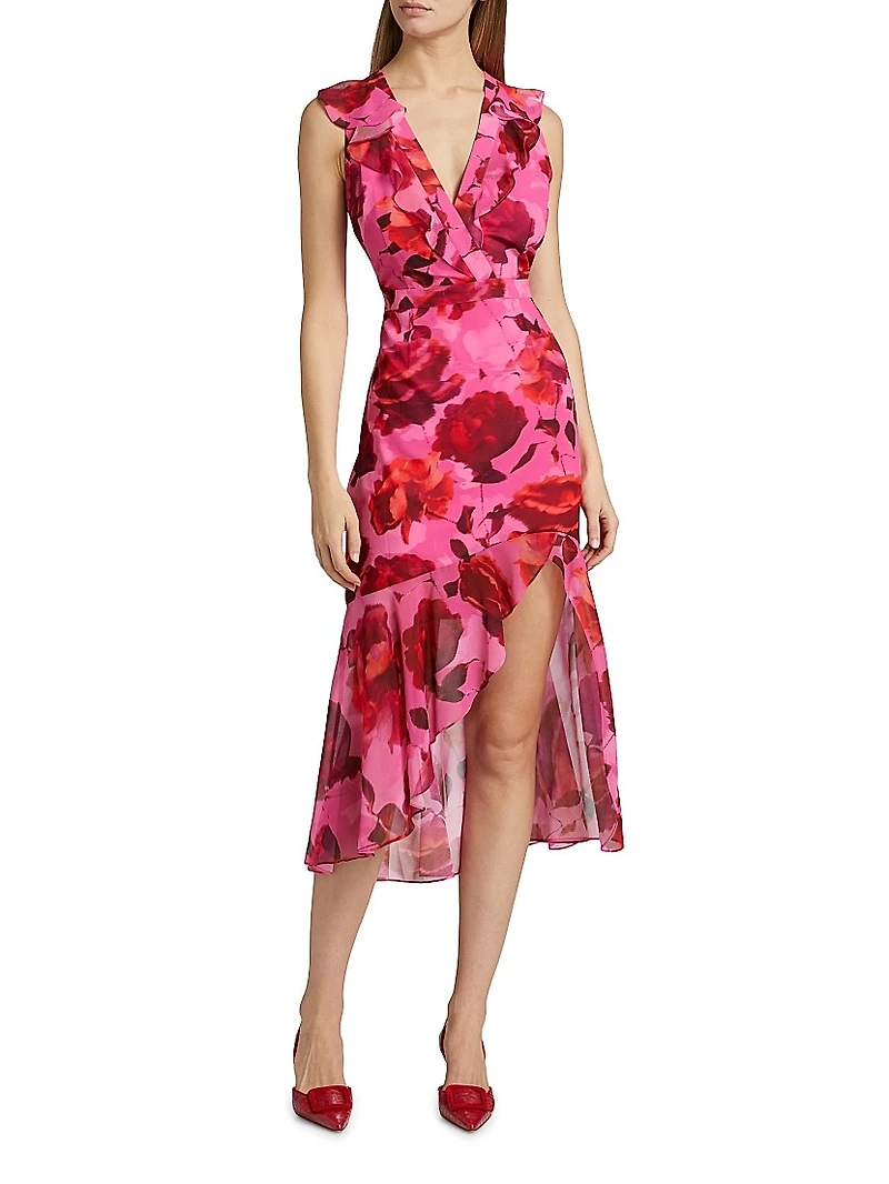 Nanci Blurred Blossom Ruffle Cocktail Dress