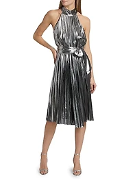 Idena Metallic Pleated Halter Midi-Dress