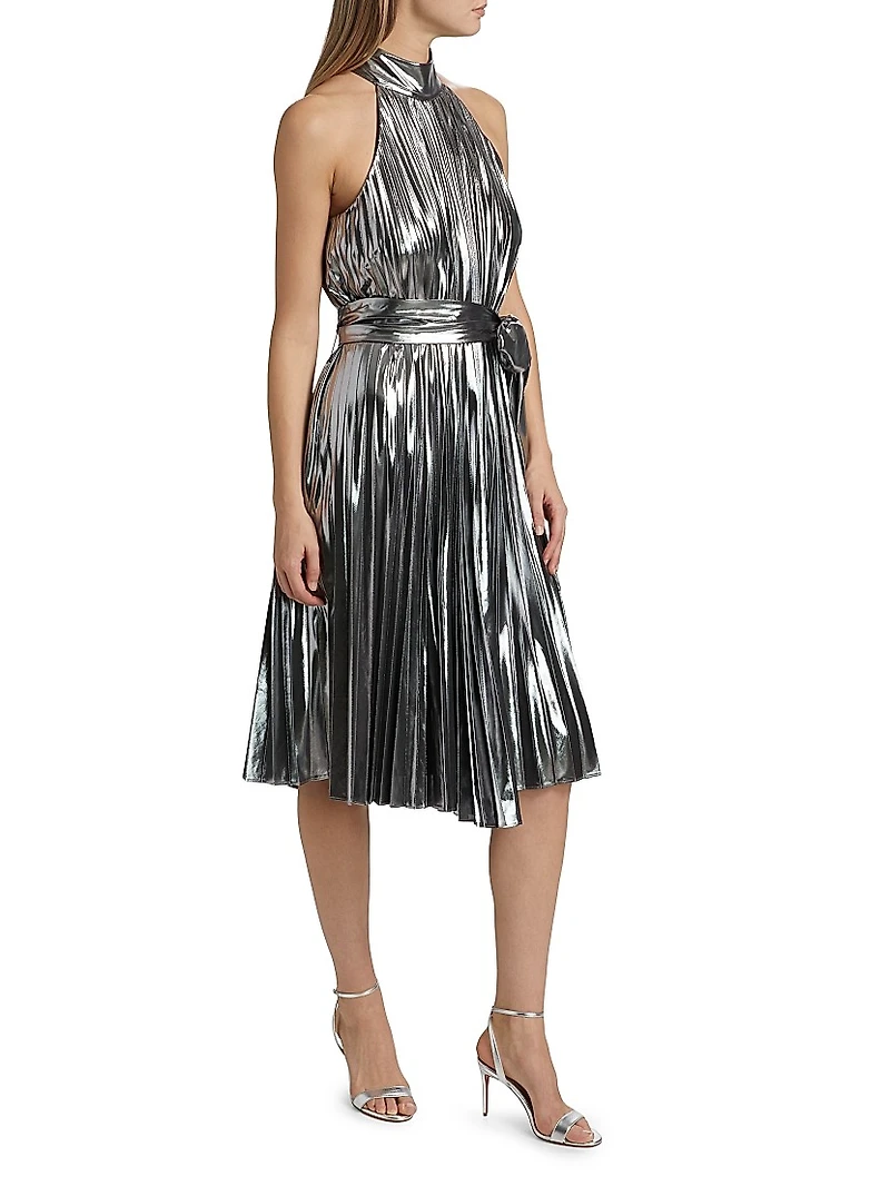 Idena Metallic Pleated Halter Midi-Dress
