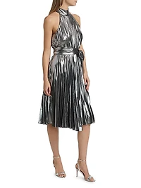 Idena Metallic Pleated Halter Midi-Dress