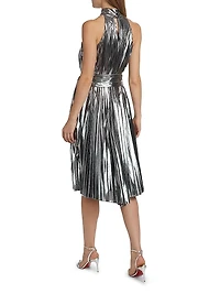 Idena Metallic Pleated Halter Midi-Dress