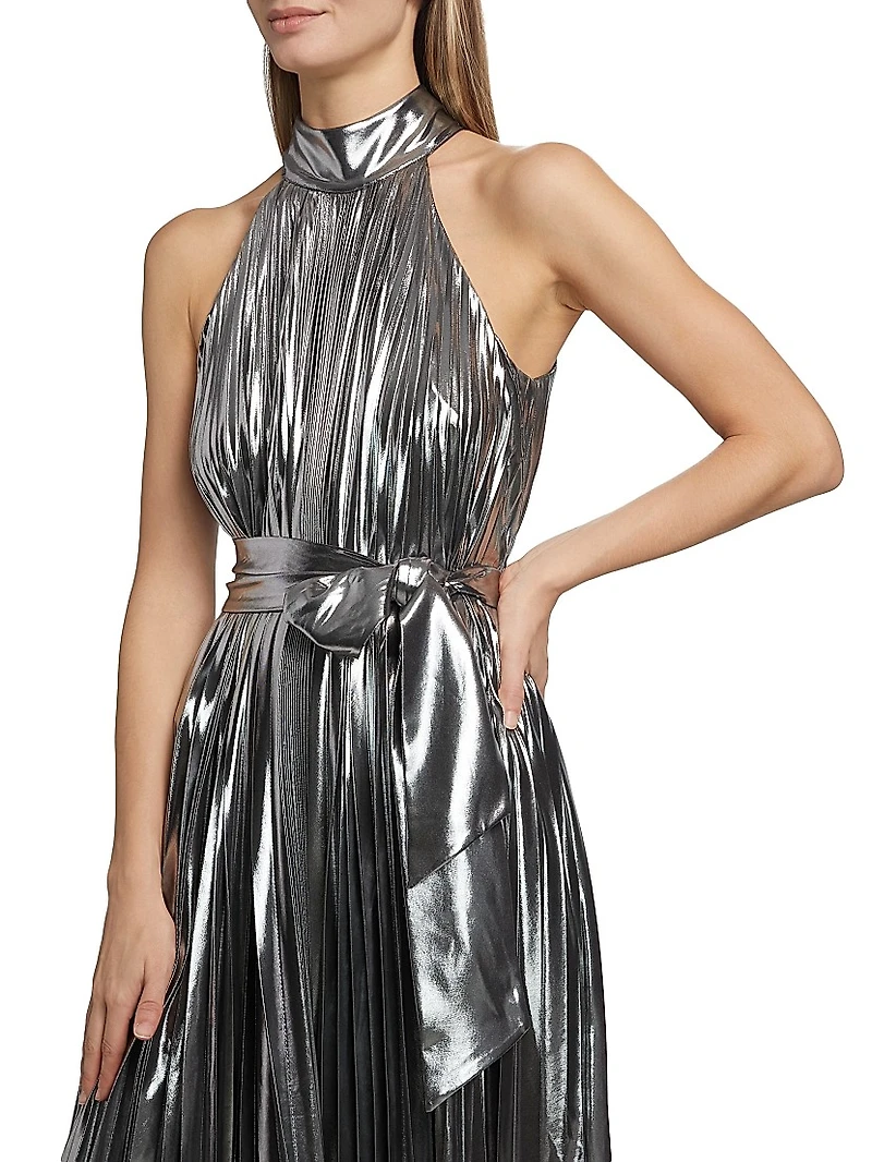 Idena Metallic Pleated Halter Midi-Dress