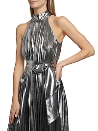 Idena Metallic Pleated Halter Midi-Dress