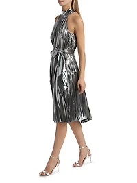 Idena Metallic Pleated Halter Midi-Dress