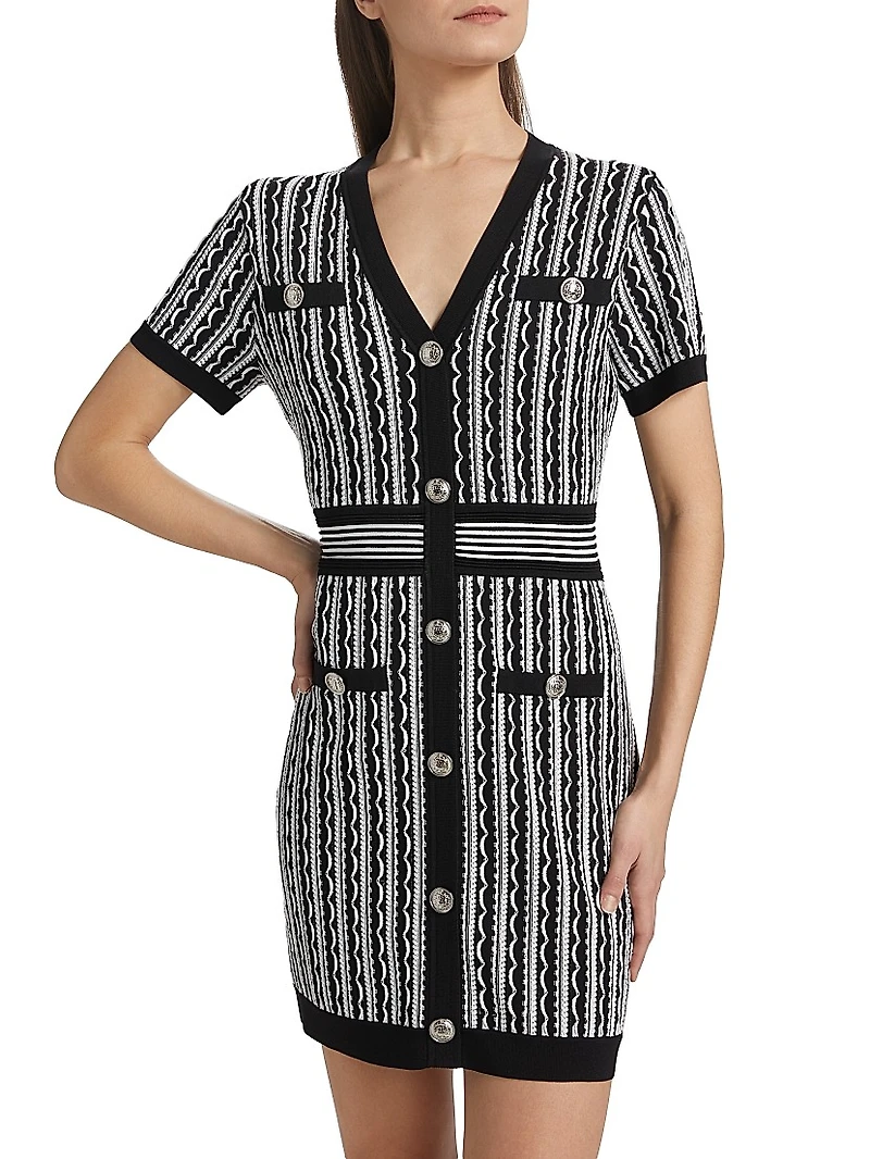 Scallop Textured V-Neck Knit Minidress