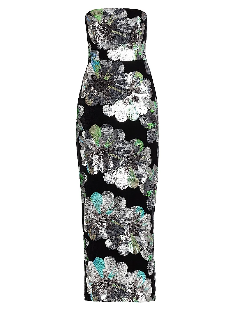 Orion Sequin-Embellished Floral Velvet Strapless Maxi Dress