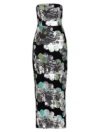 Orion Sequin-Embellished Floral Velvet Strapless Maxi Dress