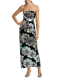 Orion Sequin-Embellished Floral Velvet Strapless Maxi Dress