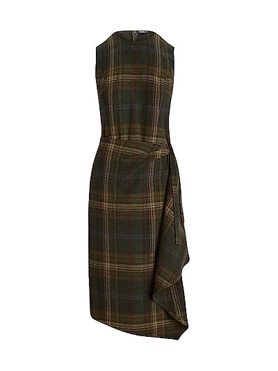 Check Wool-Blend Sleeveless Faux Wrap Midi Dress