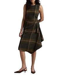 Check Wool-Blend Sleeveless Faux Wrap Midi Dress