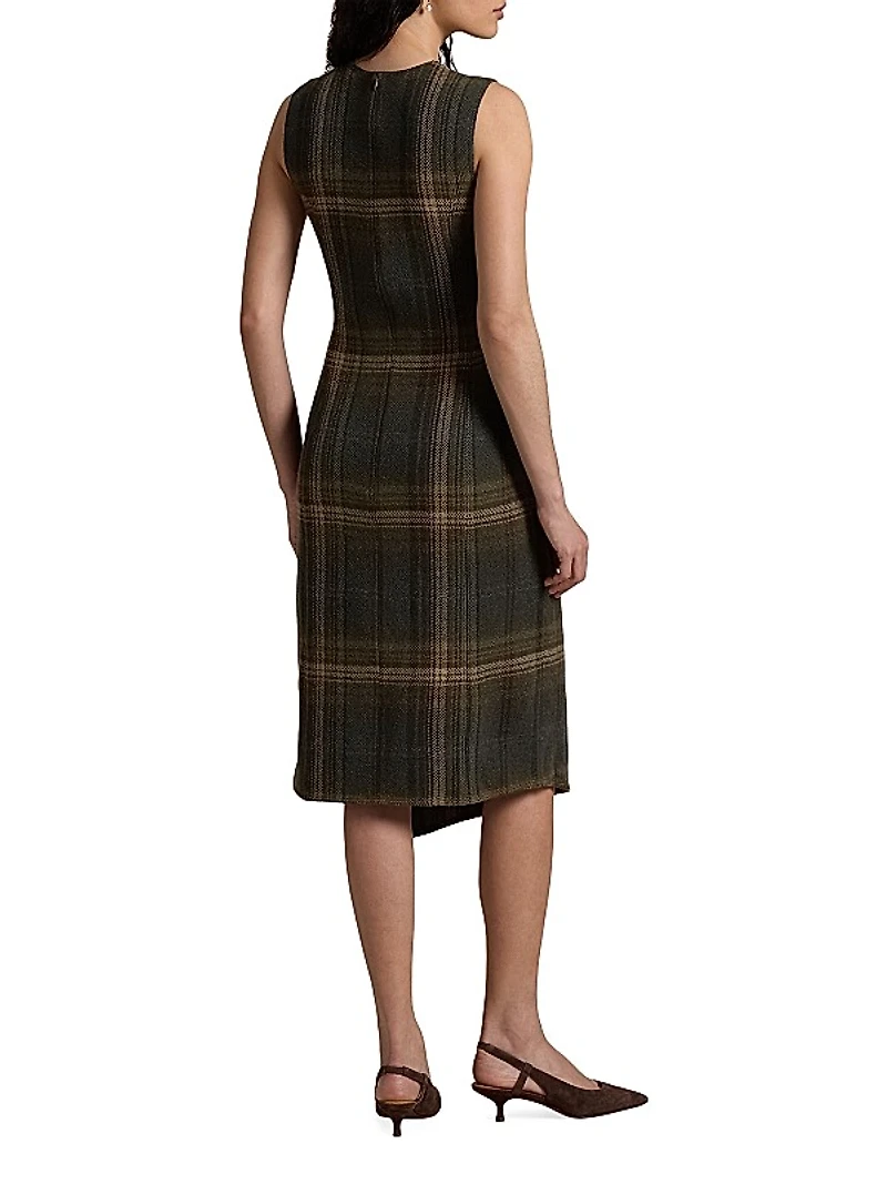 Check Wool-Blend Sleeveless Faux Wrap Midi Dress