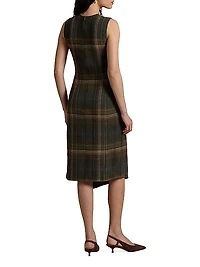 Check Wool-Blend Sleeveless Faux Wrap Midi Dress