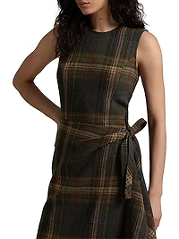 Check Wool-Blend Sleeveless Faux Wrap Midi Dress