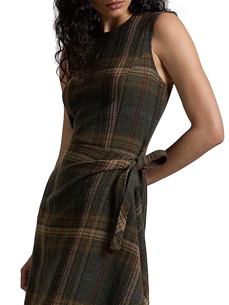 Check Wool-Blend Sleeveless Faux Wrap Midi Dress