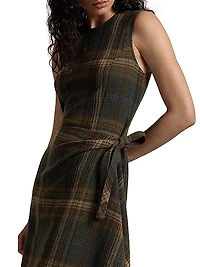 Check Wool-Blend Sleeveless Faux Wrap Midi Dress