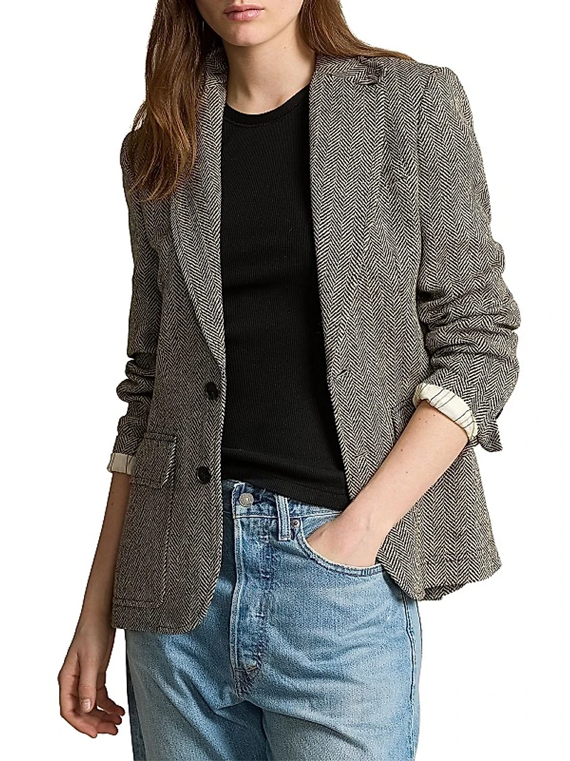 Linen-Blend Herringbone Single-Breasted Blazer