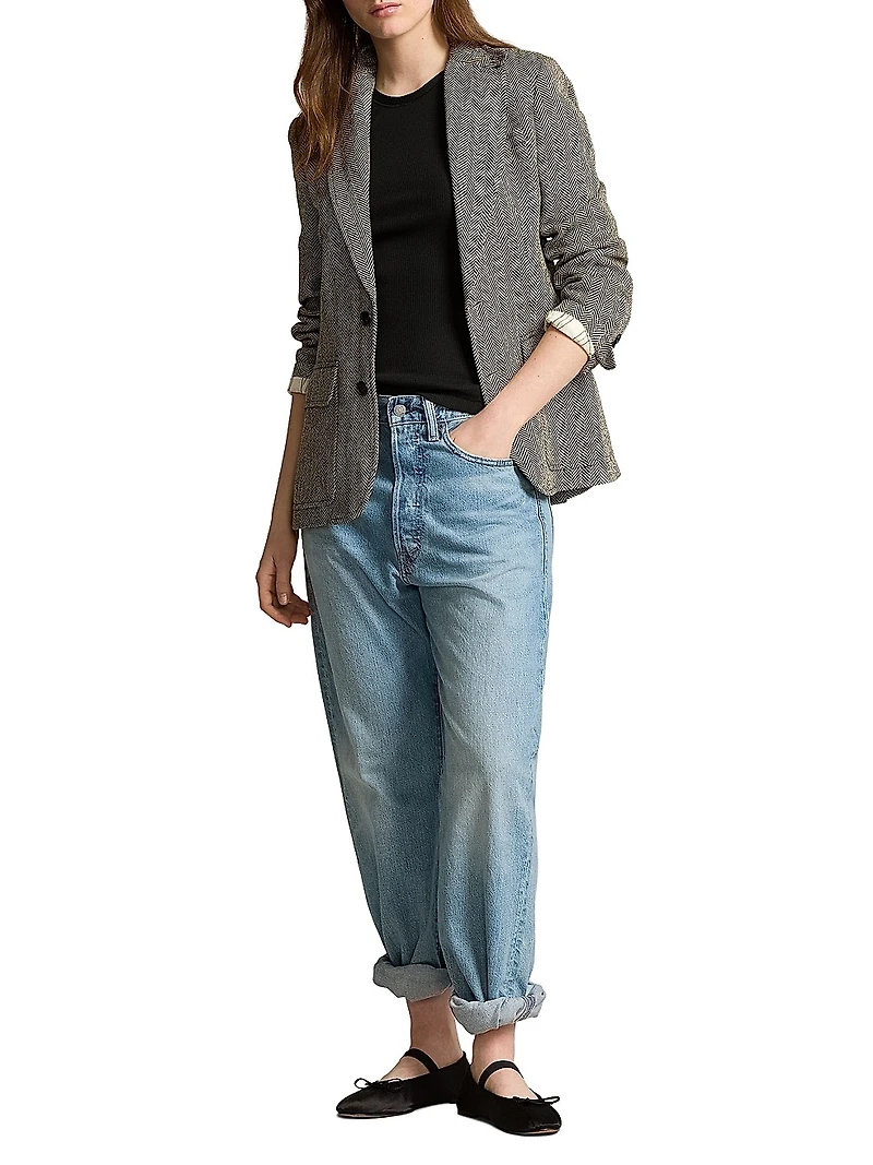 Linen-Blend Herringbone Single-Breasted Blazer