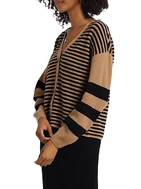 COLLECTION Striped Cashmere Balloon-Sleeve Rib-Knit Cardigan