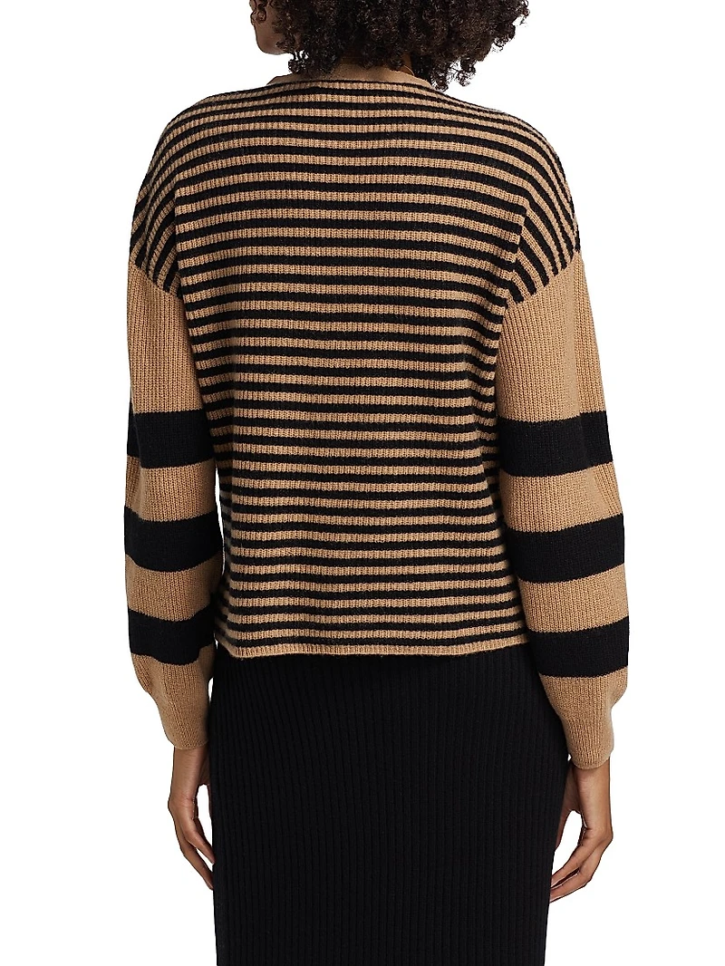 COLLECTION Striped Cashmere Balloon-Sleeve Rib-Knit Cardigan