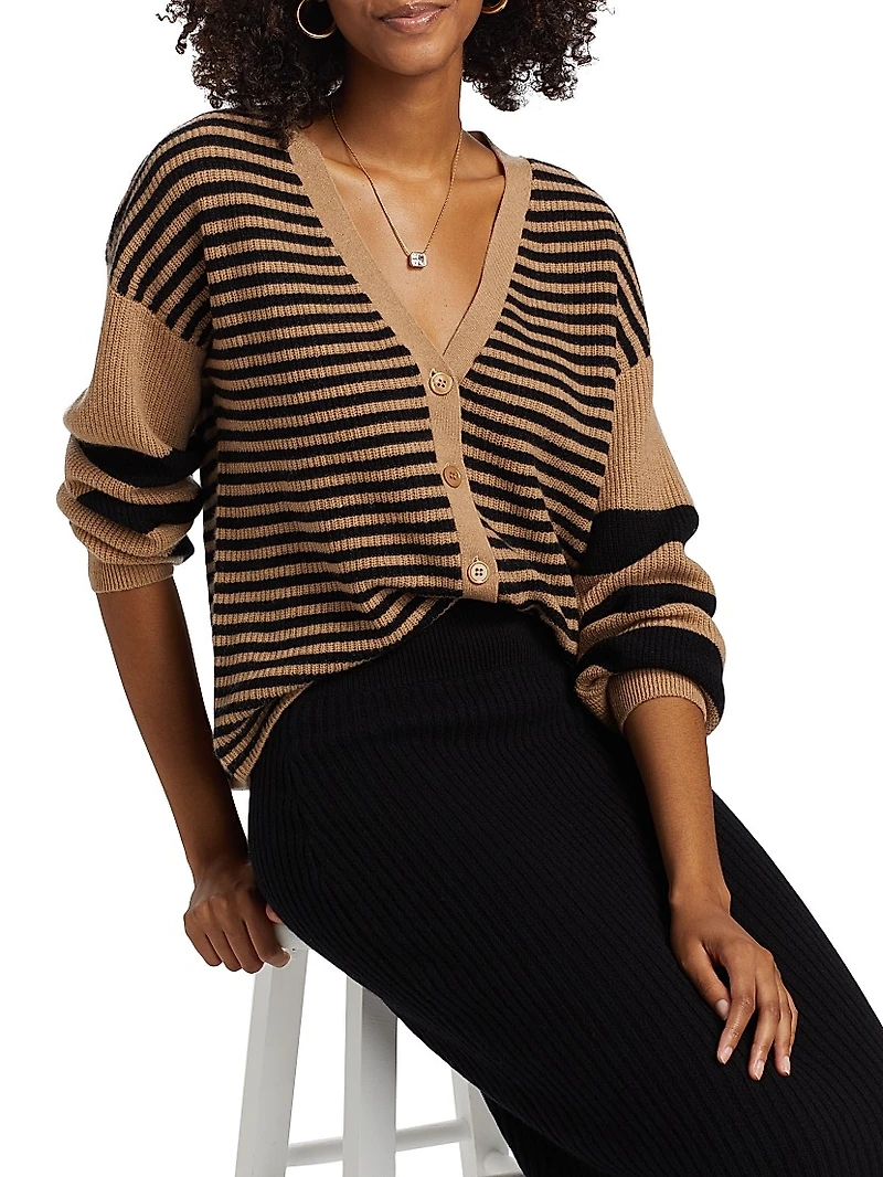 COLLECTION Striped Cashmere Balloon-Sleeve Rib-Knit Cardigan