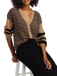 COLLECTION Striped Cashmere Balloon-Sleeve Rib-Knit Cardigan