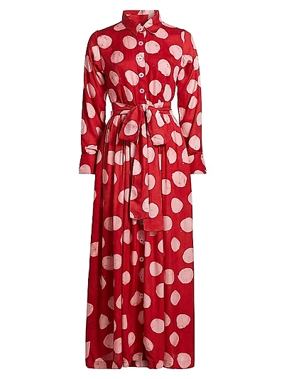 Apeke Polka Dot Cotton Tie-Waist Shirtdress