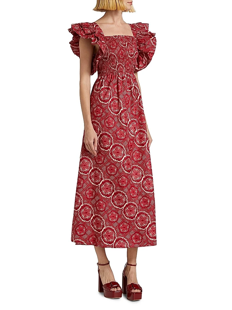 Sola Abstract Smocked Cotton Midi-Dress