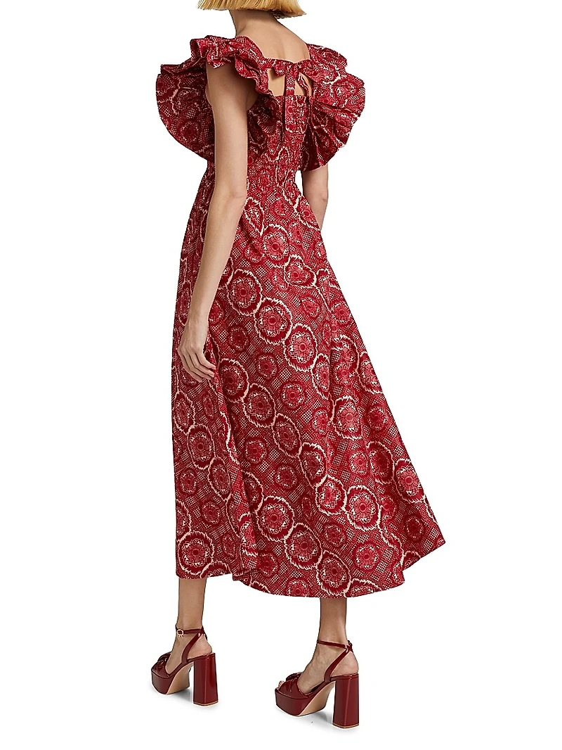 Sola Abstract Smocked Cotton Midi-Dress